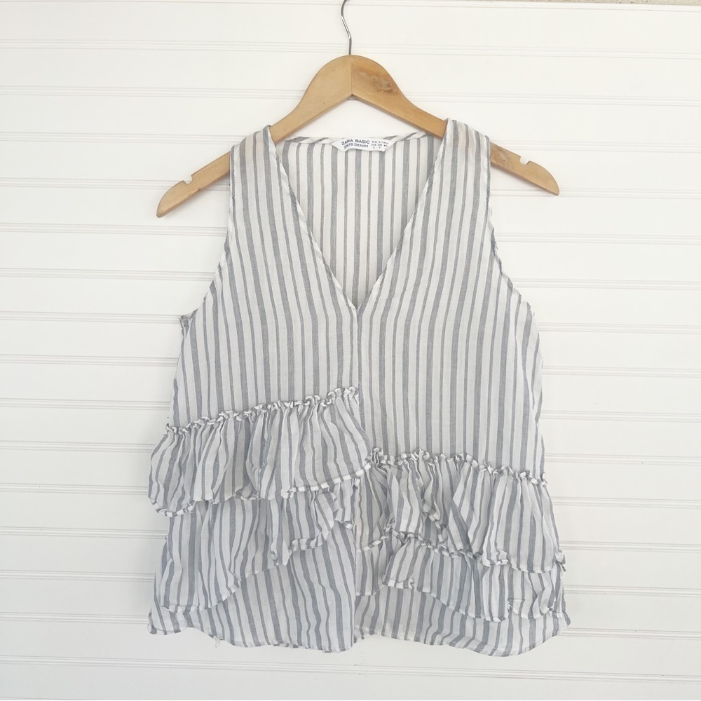 ZARA BASIC Womens Striped Ruffle V Neck Sleeveless Top Size S - Picture 3 of 7